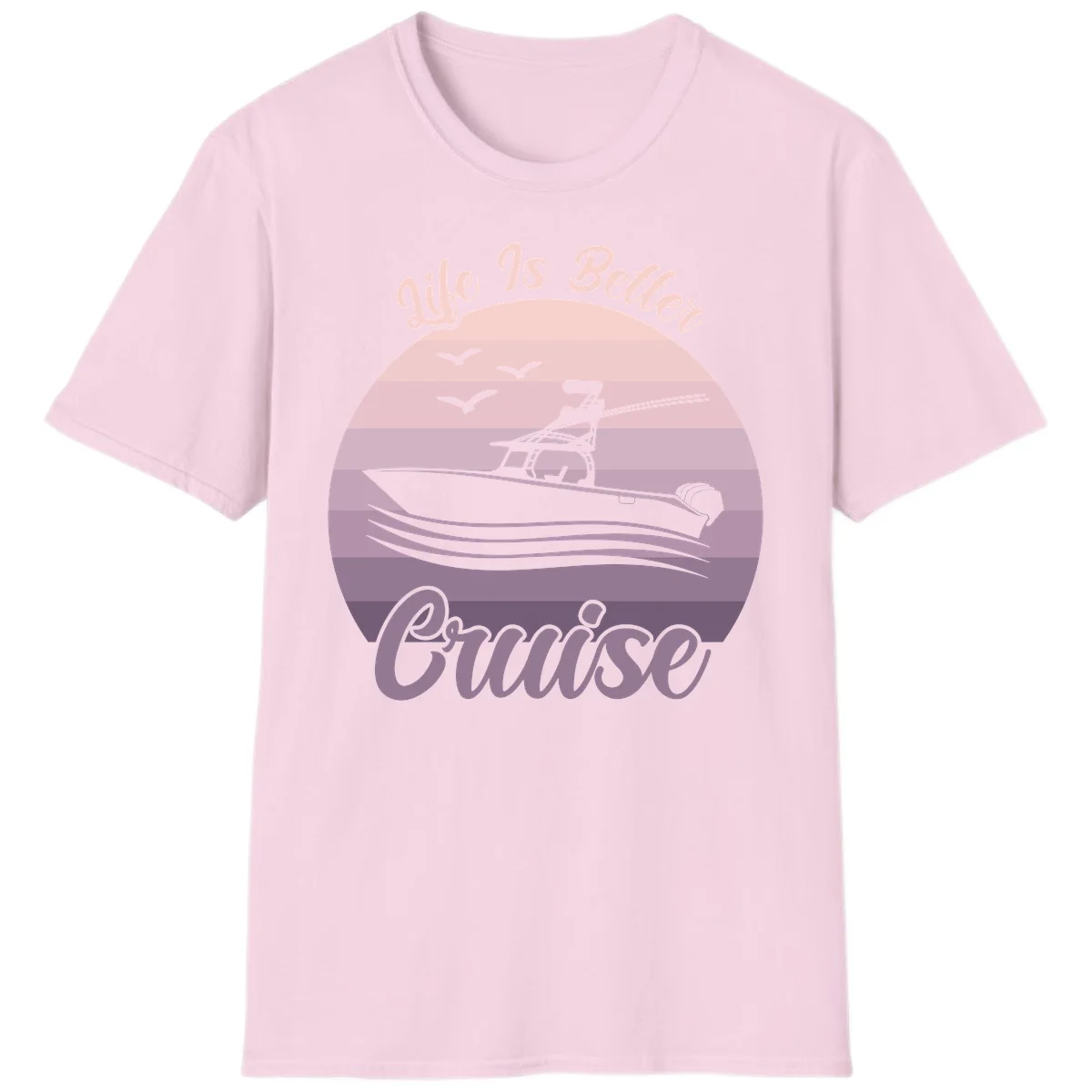 Life Is Better Boating Vintage Sunset T-Shirt in Light Pink