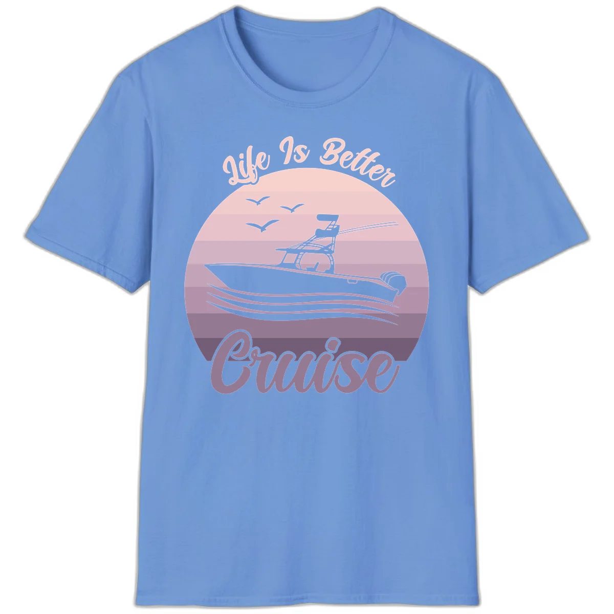 Life Is Better Boating Vintage Sunset T-Shirt in Carolina Blue