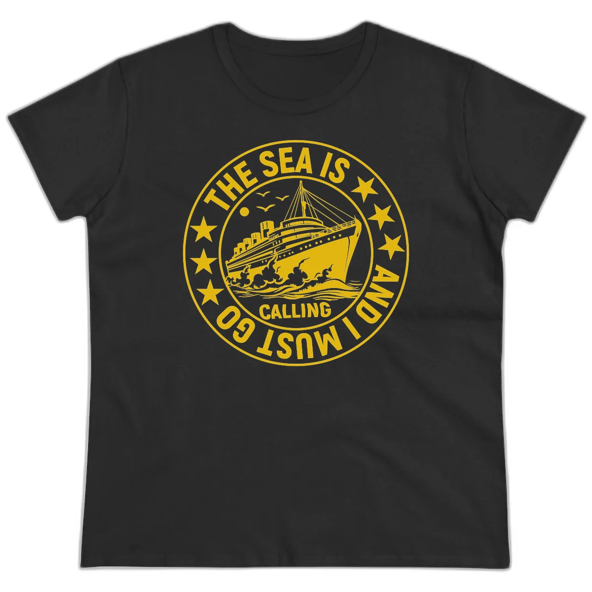 The Sea Is Calling Nautical Badge Ladies Tee in Black
