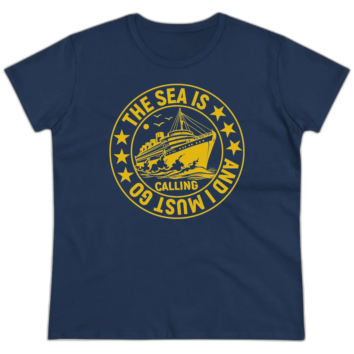 The Sea Is Calling Nautical Badge Ladies Tee in Navy
