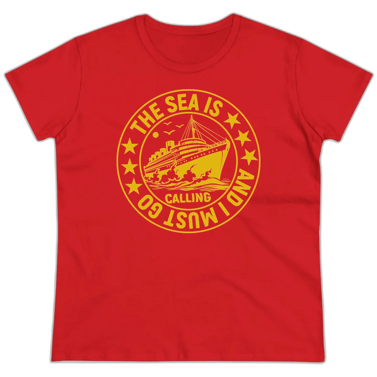 The Sea Is Calling Nautical Badge Ladies Tee in Red