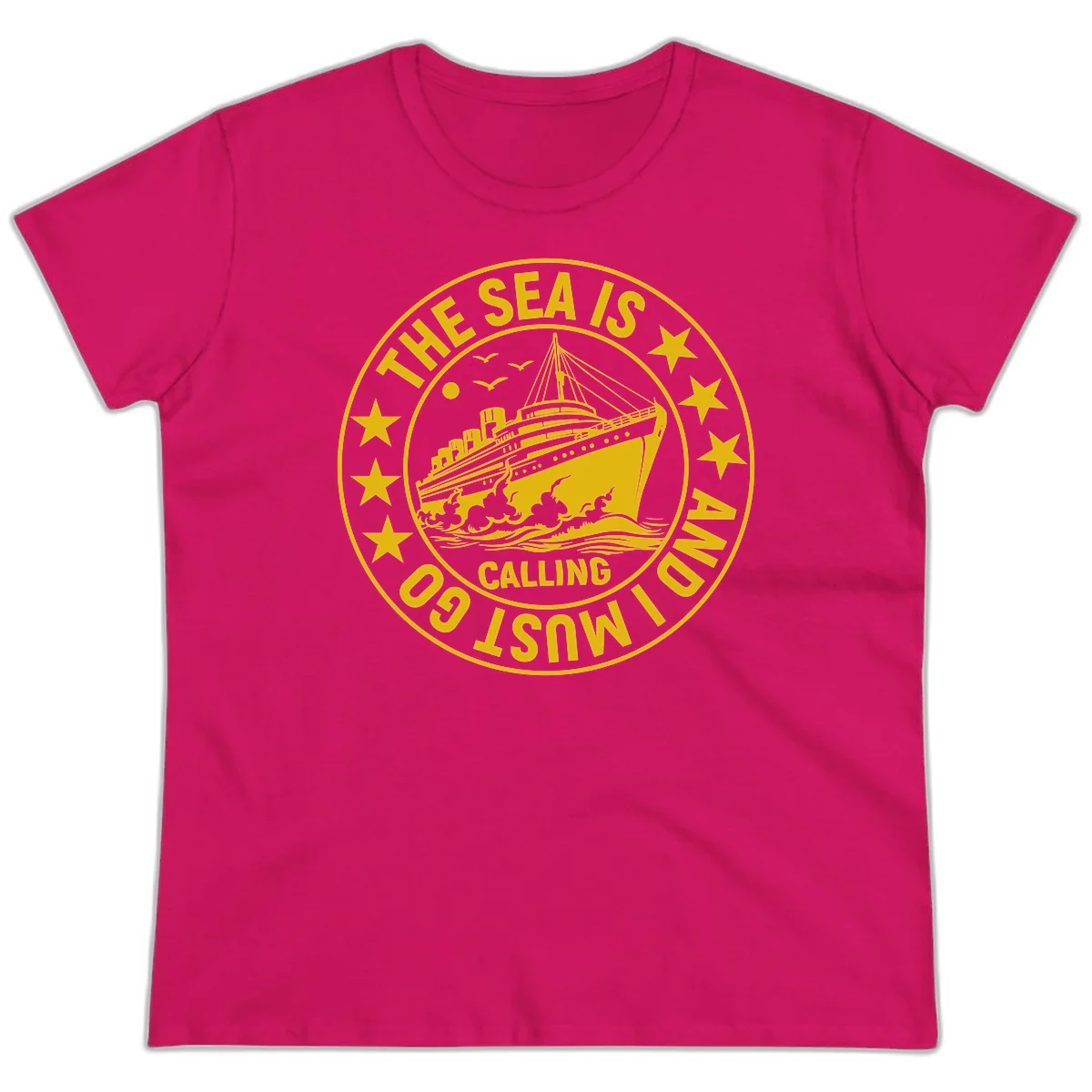 The Sea Is Calling Nautical Badge Ladies Tee in Heliconia
