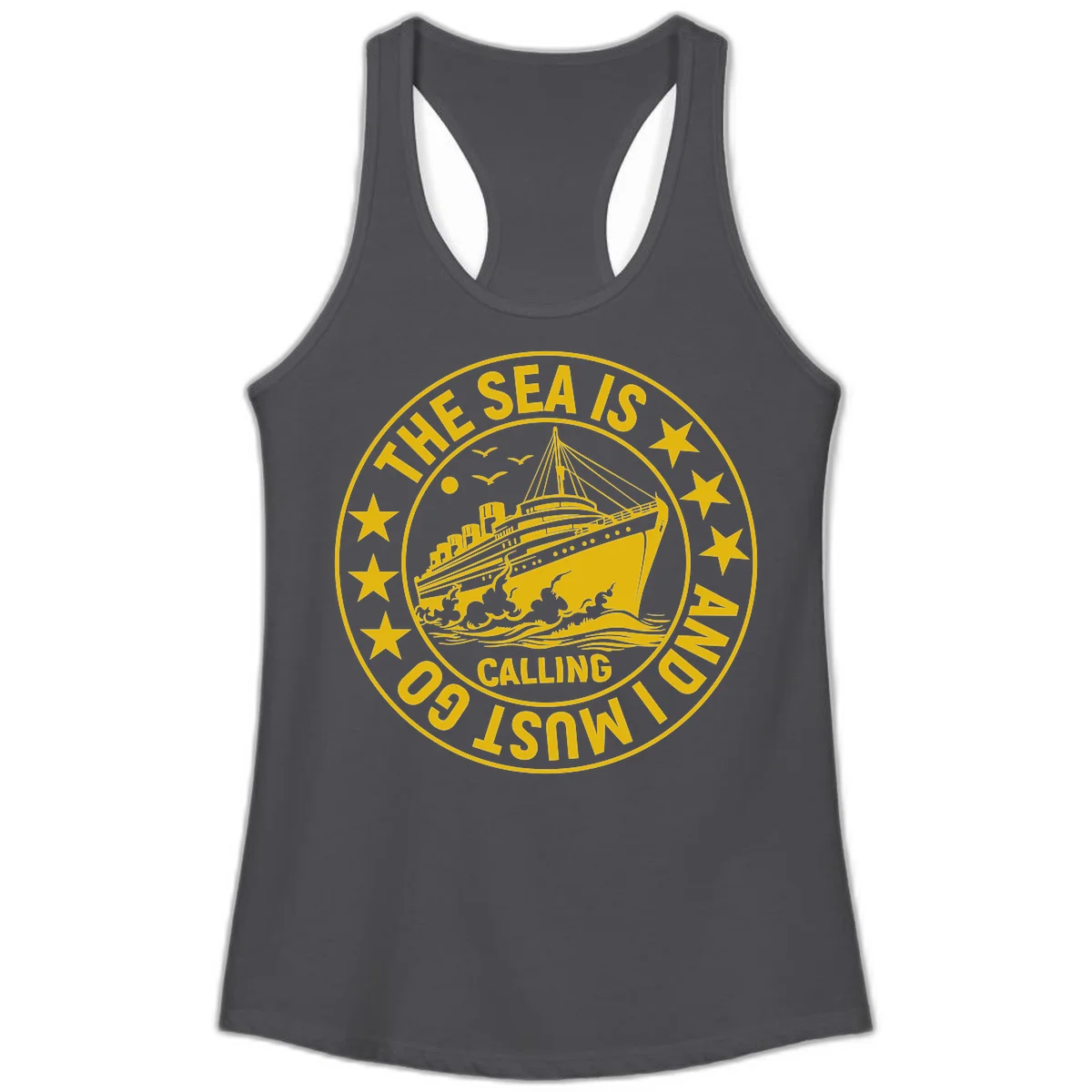 The Sea Is Calling Nautical Badge Ladies Tank in Solid Dark Gray