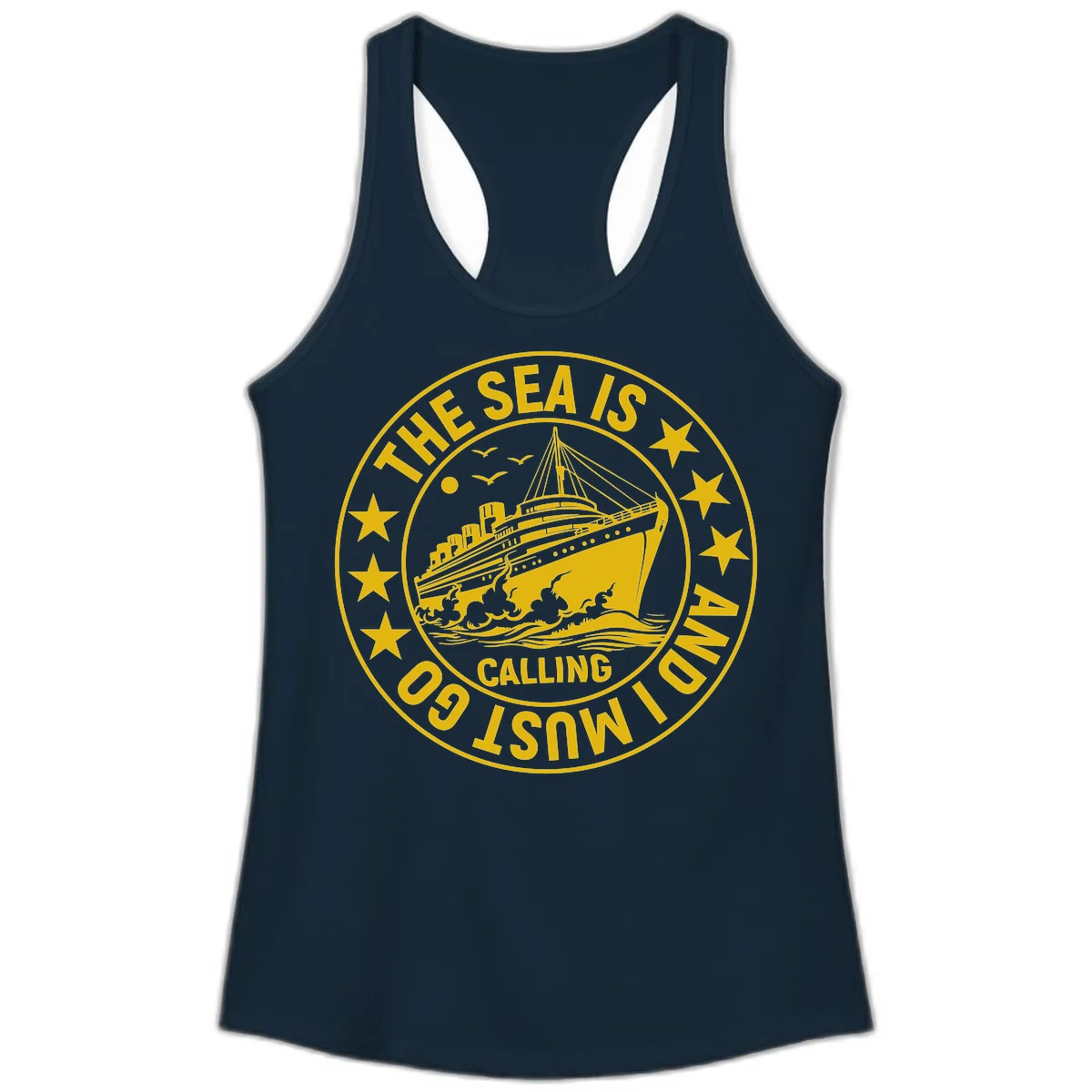 The Sea Is Calling Nautical Badge Ladies Tank in Solid Midnight Navy