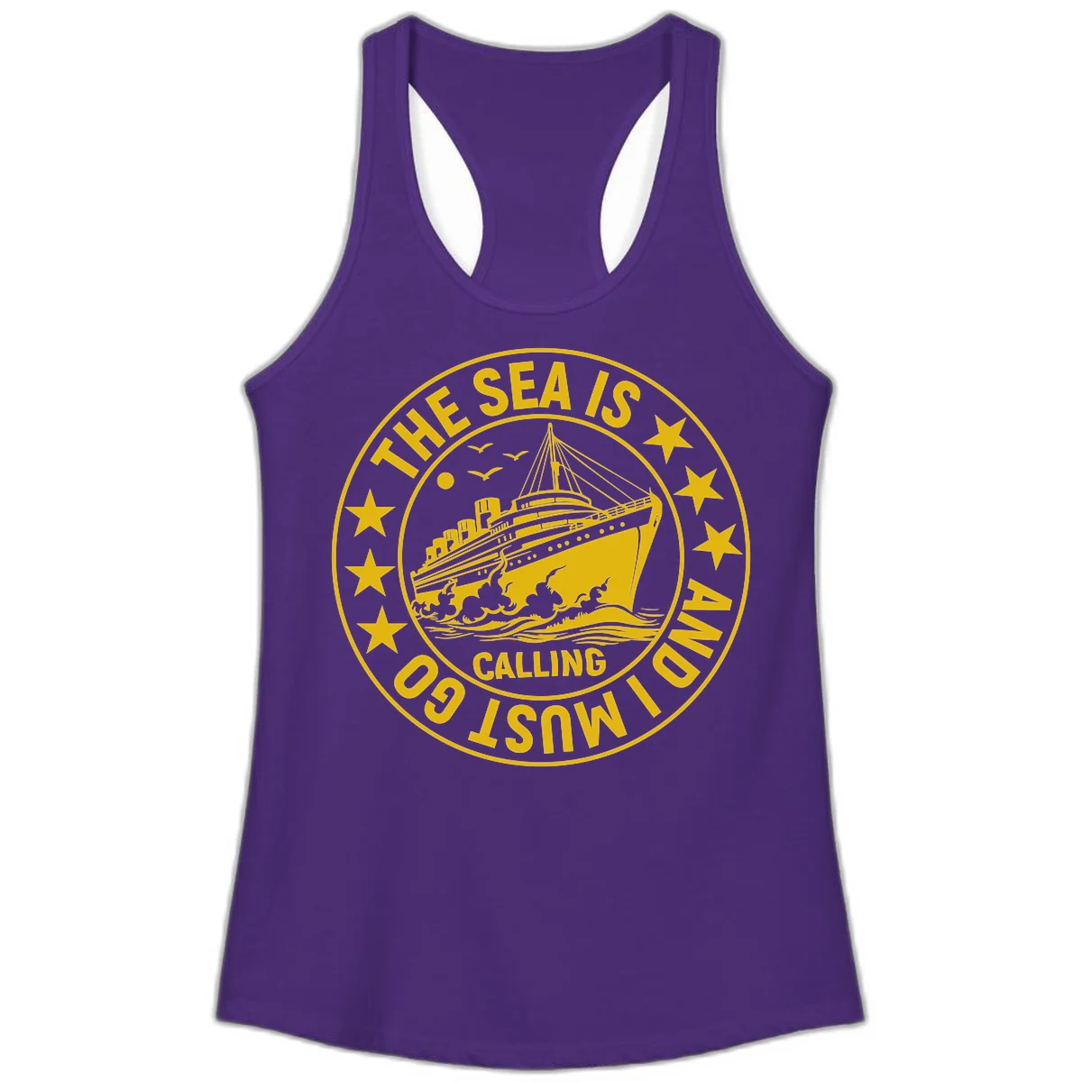 The Sea Is Calling Nautical Badge Ladies Tank in Solid Purple Rush