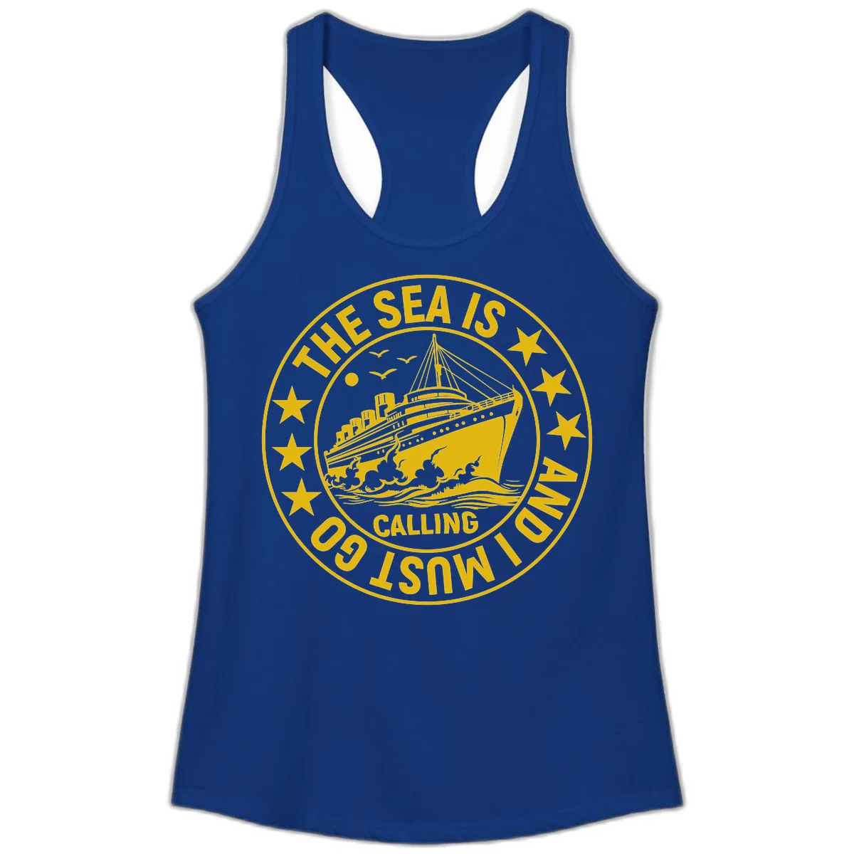The Sea Is Calling Nautical Badge Ladies Tank in Solid Royal