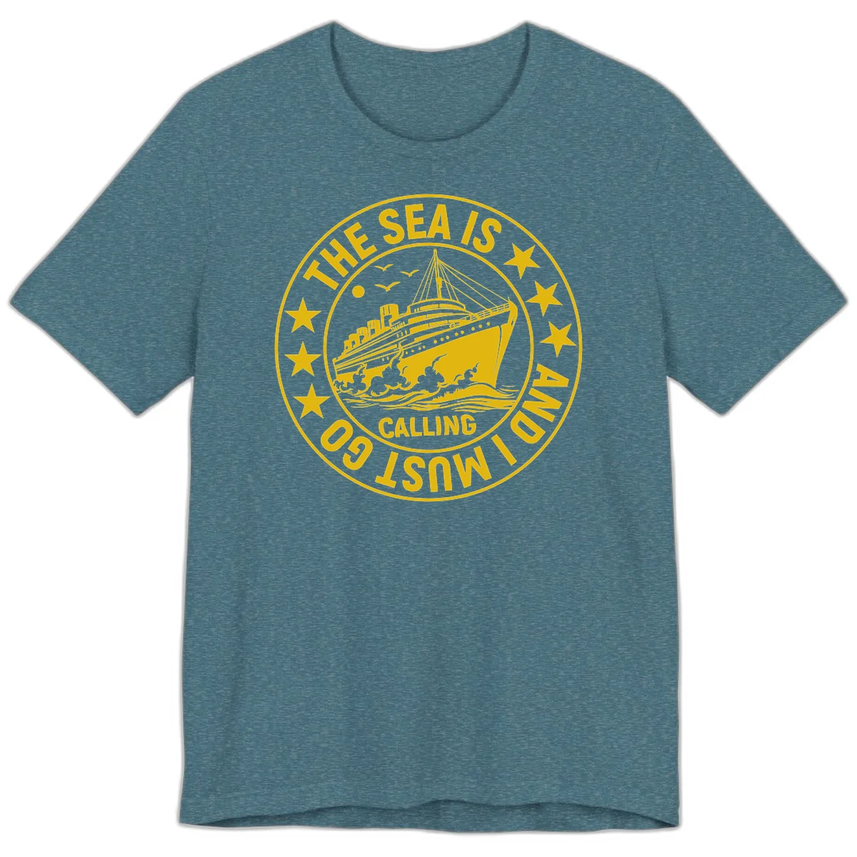 The Sea Is Calling Nautical Badge Premium T-Shirt in Heather Deep Teal