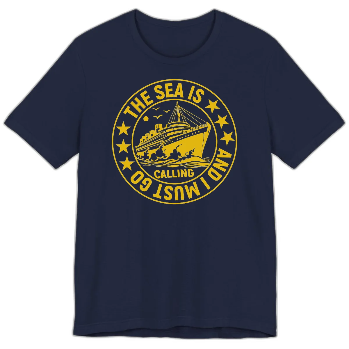 The Sea Is Calling Nautical Badge Premium T-Shirt in Navy