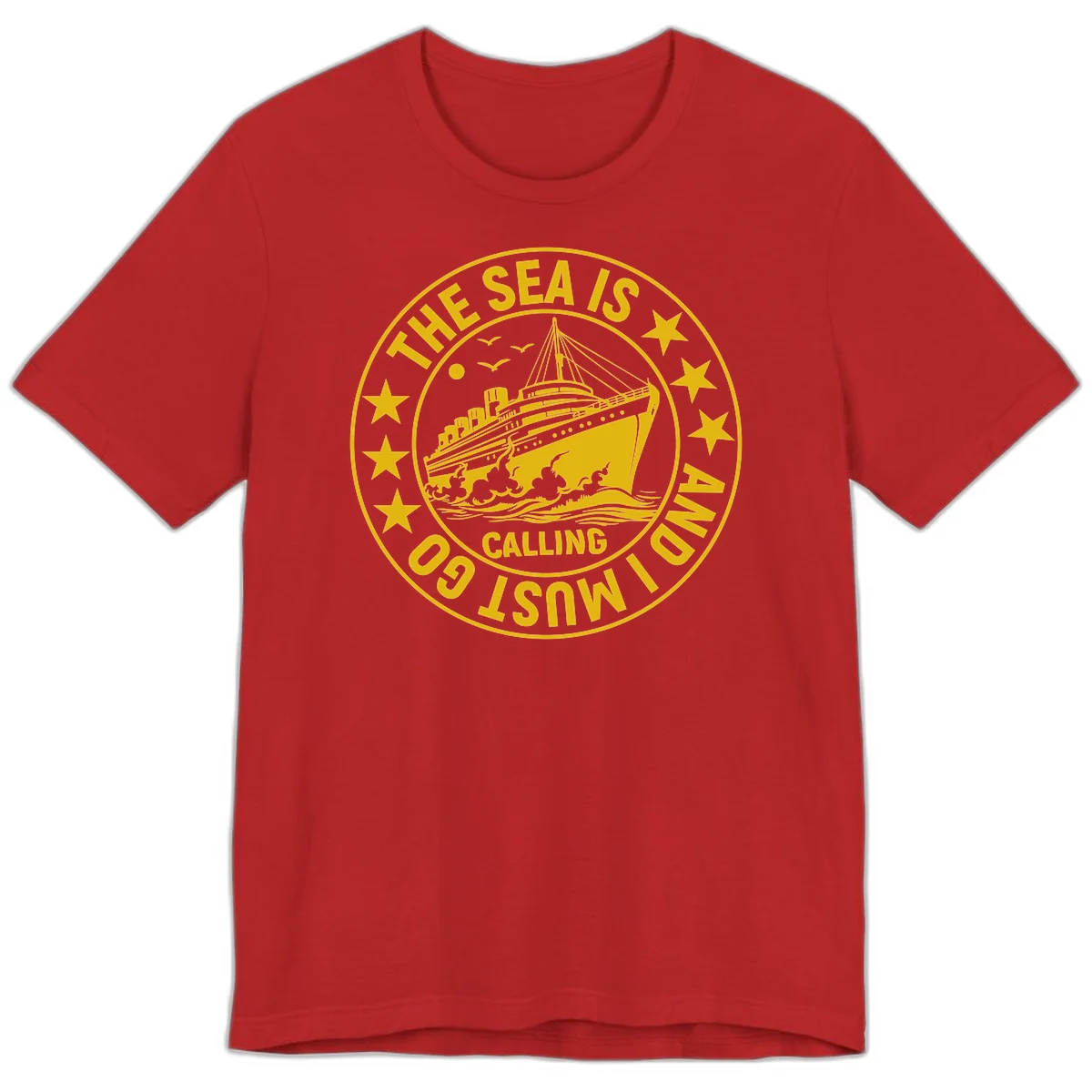 The Sea Is Calling Nautical Badge Premium T-Shirt in Red