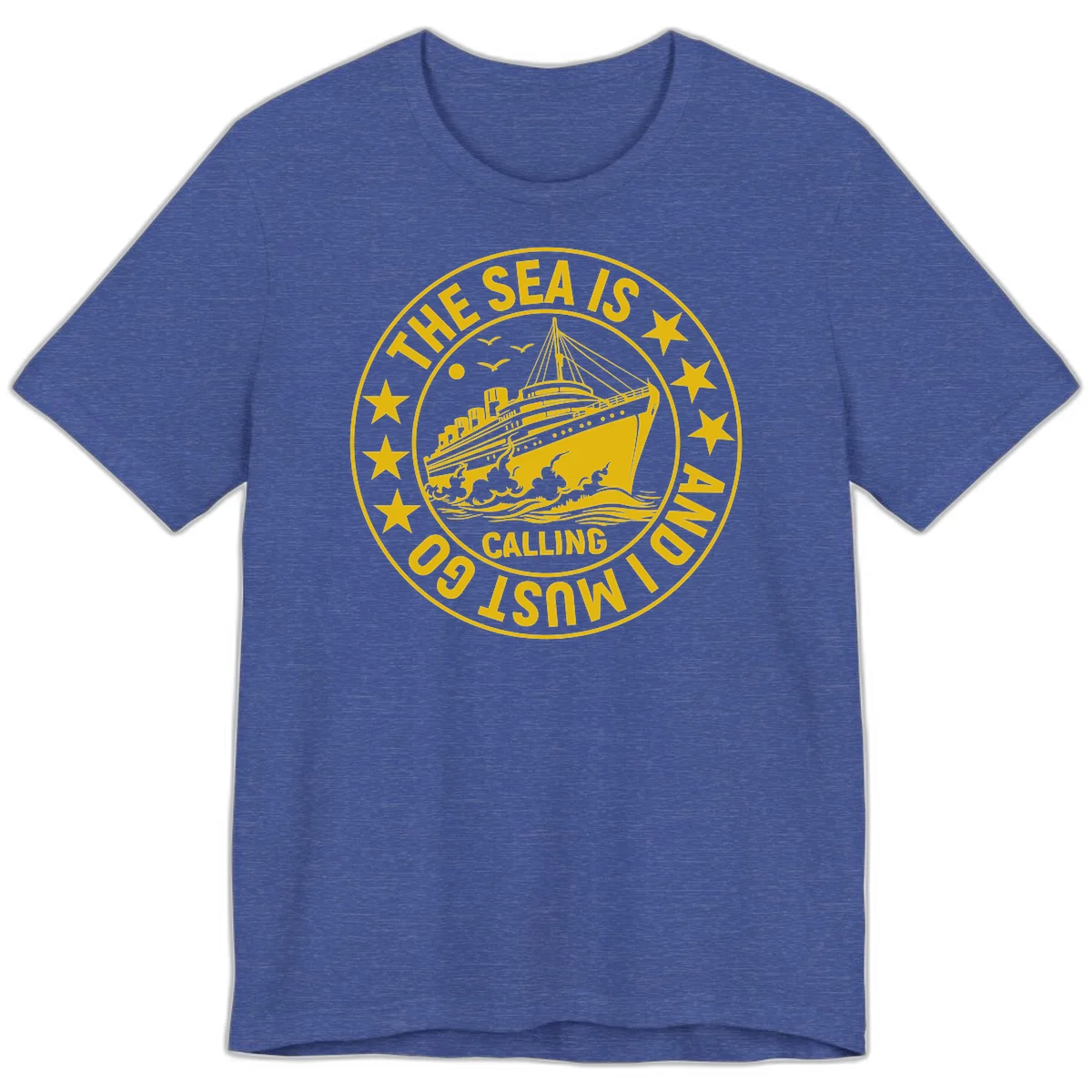 The Sea Is Calling Nautical Badge Premium T-Shirt in Heather True Royal