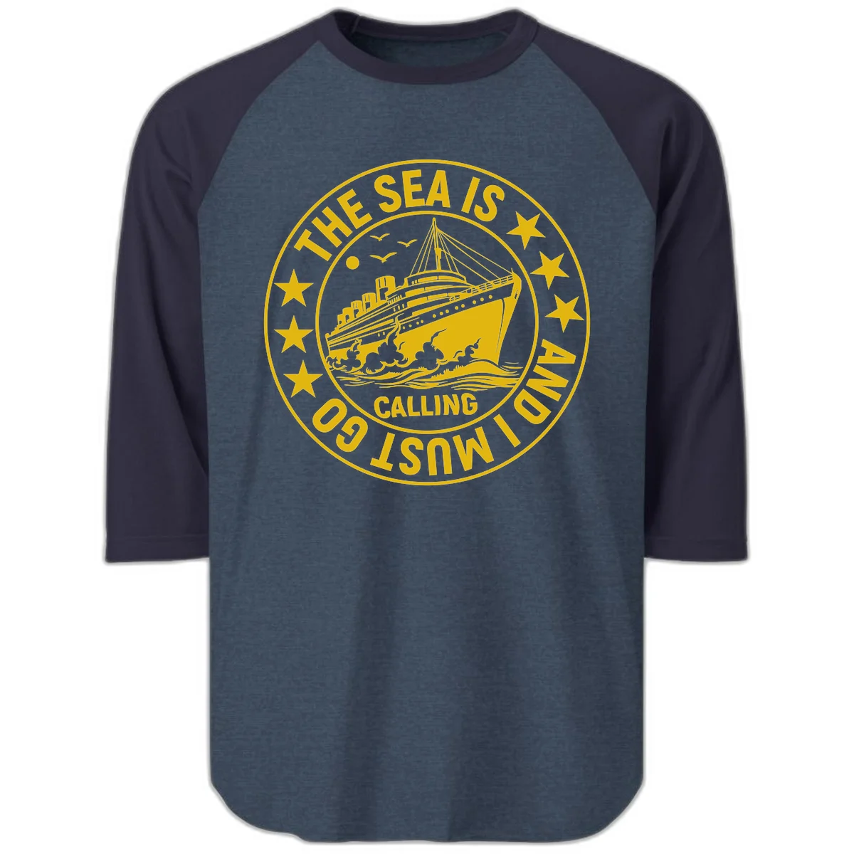 The Sea Is Calling Nautical Badge Raglan 3/4 in Heather Denim Navy
