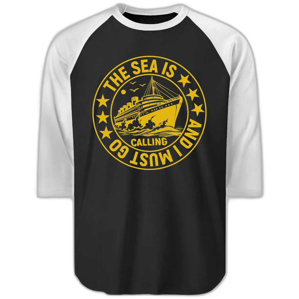 The Sea Is Calling Nautical Badge Raglan 3/4 in Black White