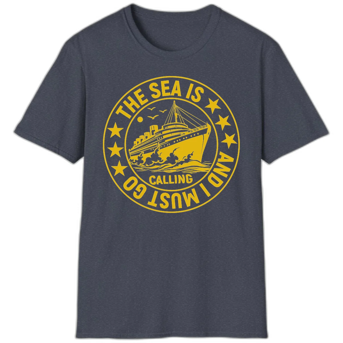 The Sea Is Calling Nautical Badge T-Shirt in Heather Navy