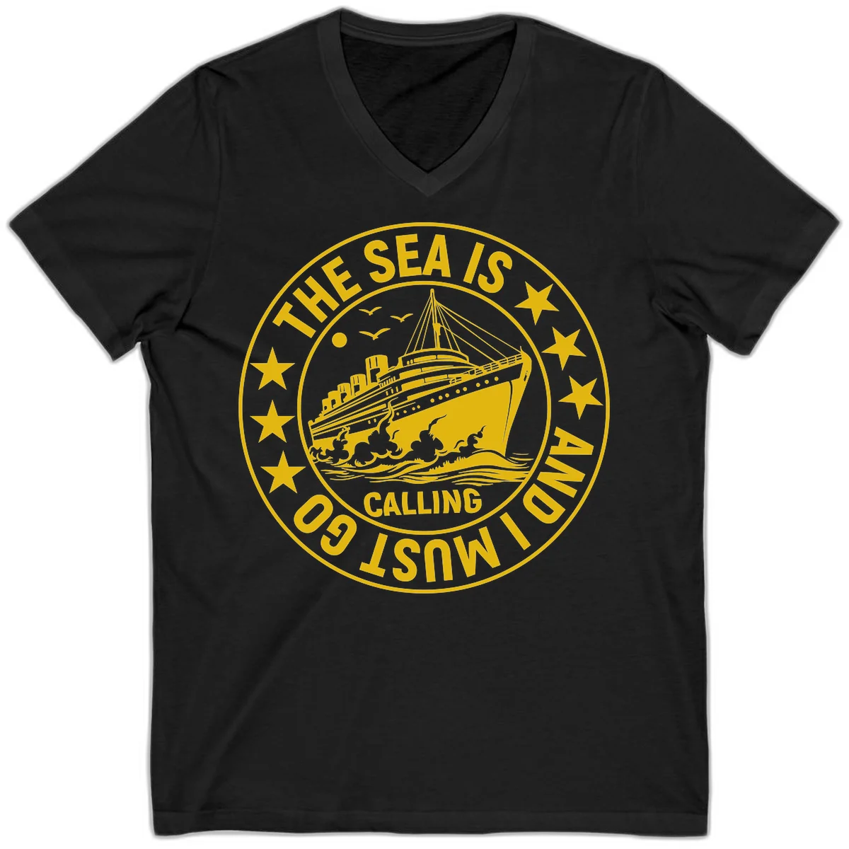The Sea Is Calling Nautical Badge V-Neck in Black