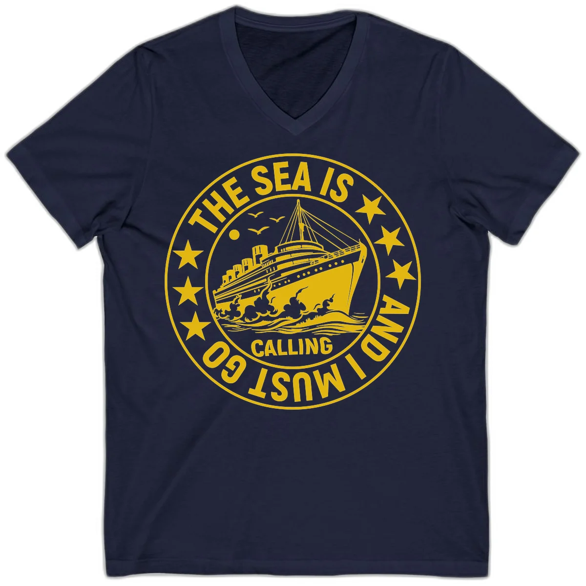 The Sea Is Calling Nautical Badge V-Neck in Navy