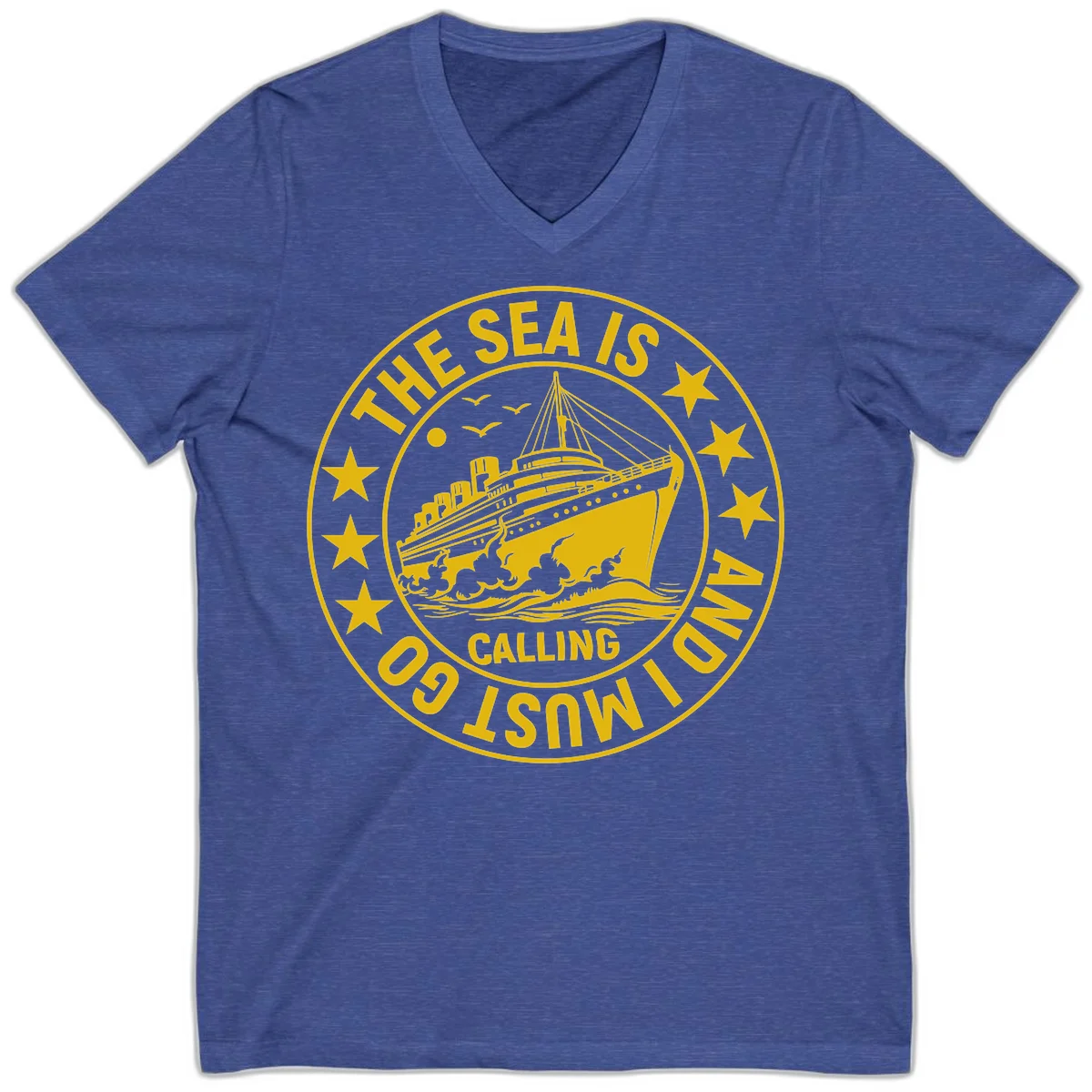The Sea Is Calling Nautical Badge V-Neck in Heather True Royal