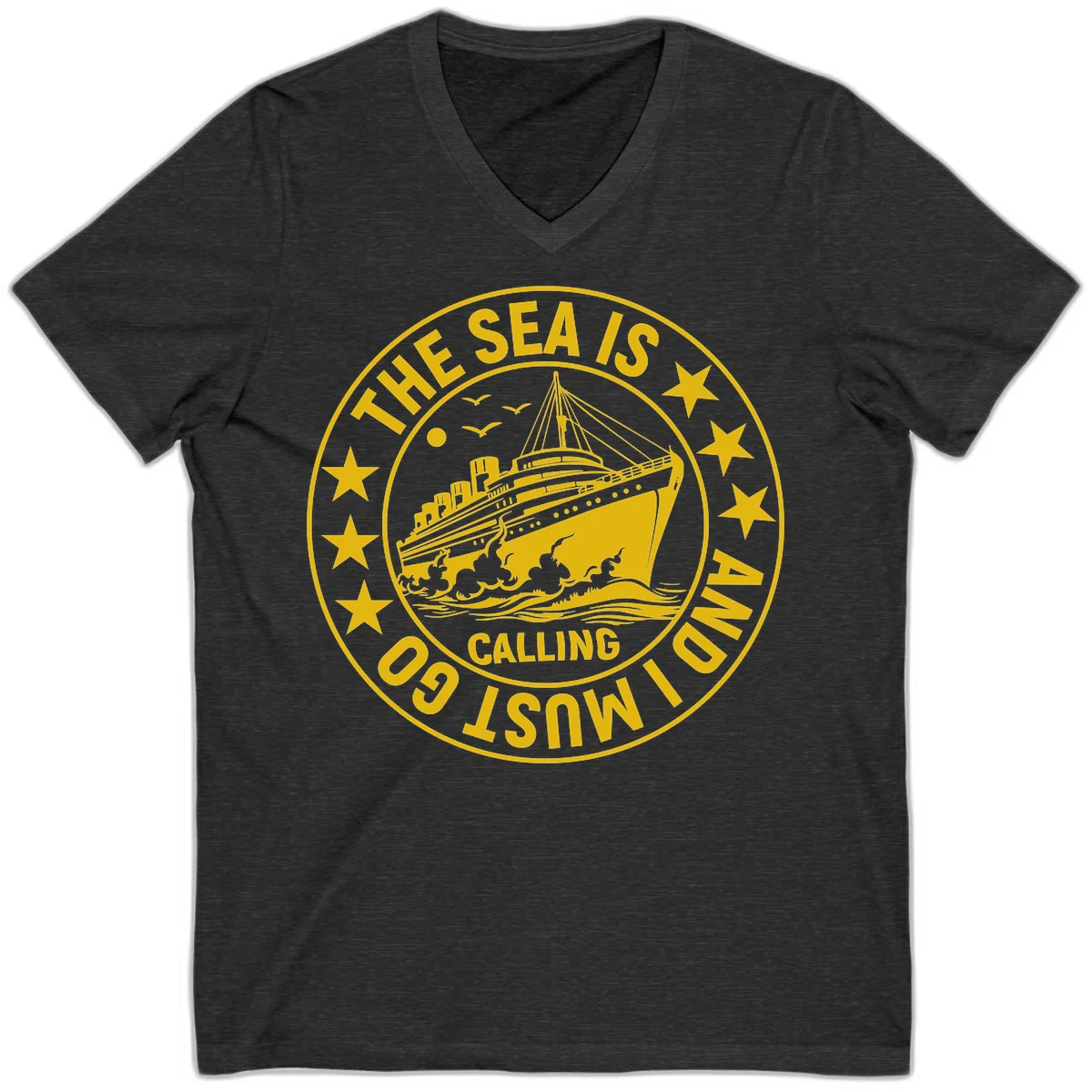 The Sea Is Calling Nautical Badge V-Neck in Dark Grey Heather