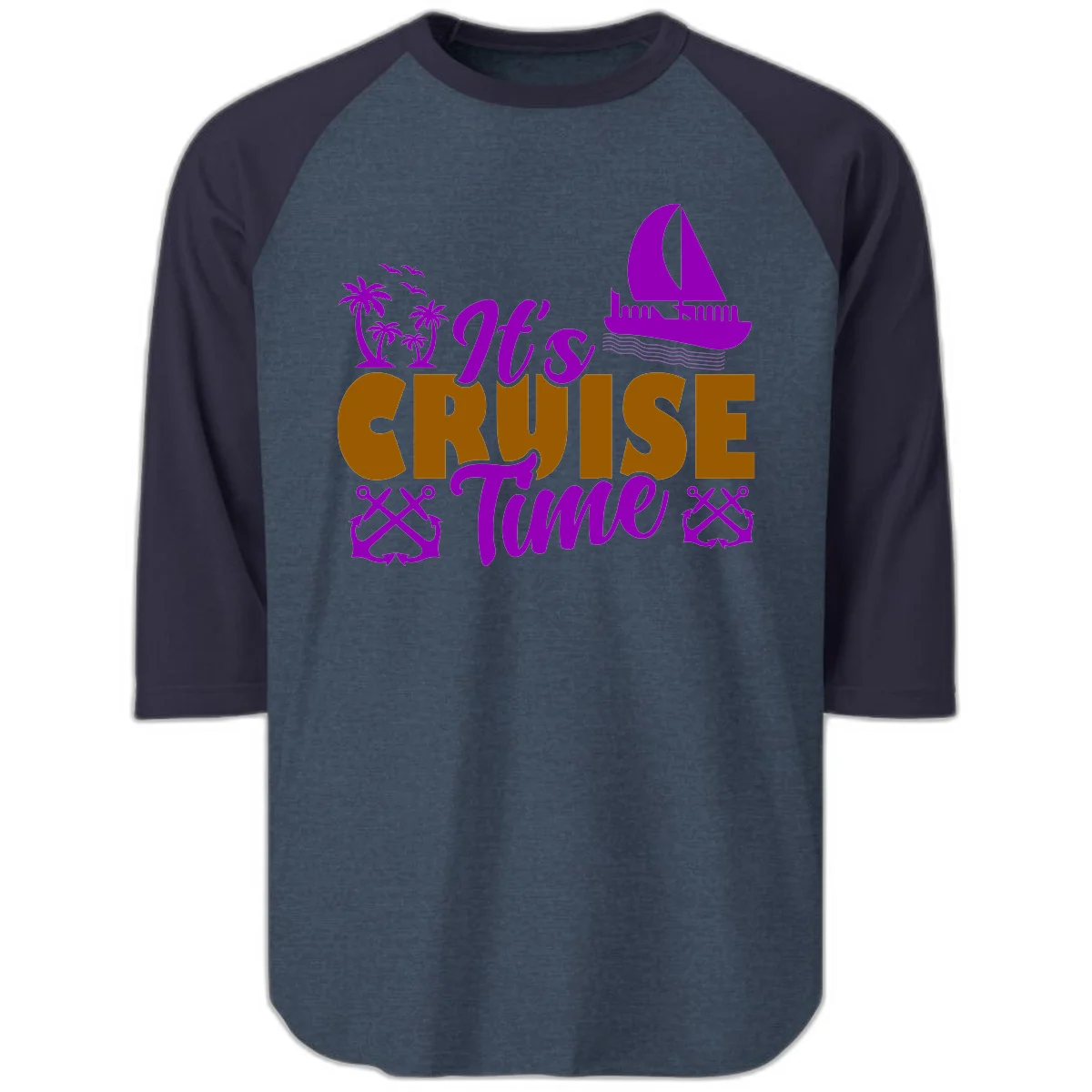 It's Cruise Time Nautical Vibes Raglan 3/4 in Heather Denim Navy