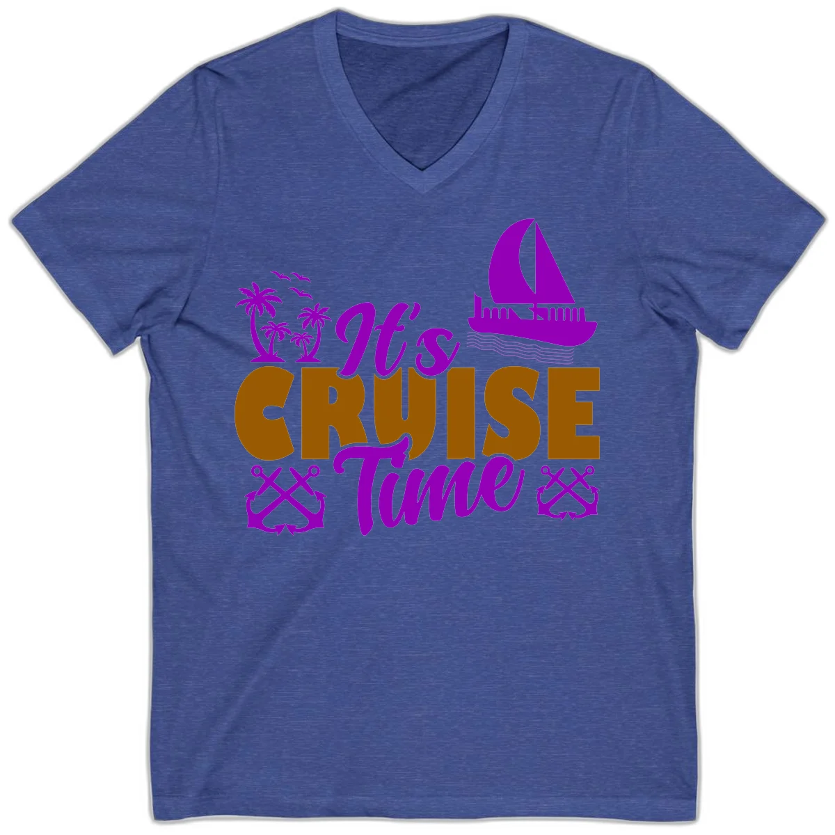 It's Cruise Time Nautical Vibes V-Neck in Heather True Royal