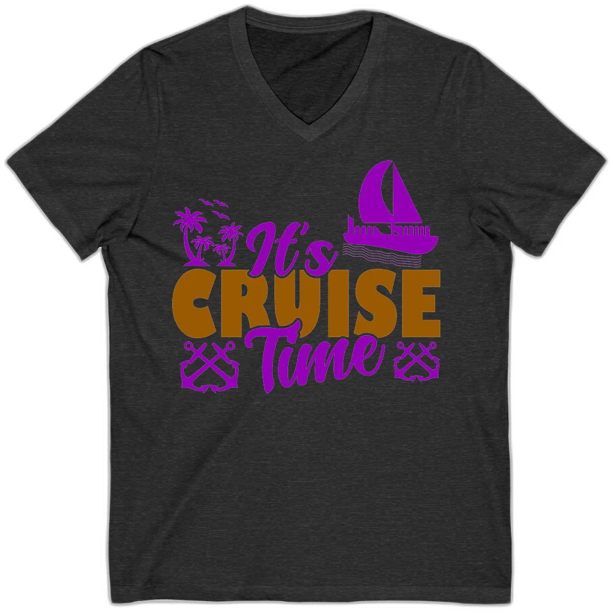 It's Cruise Time Nautical Vibes V-Neck in Dark Grey Heather
