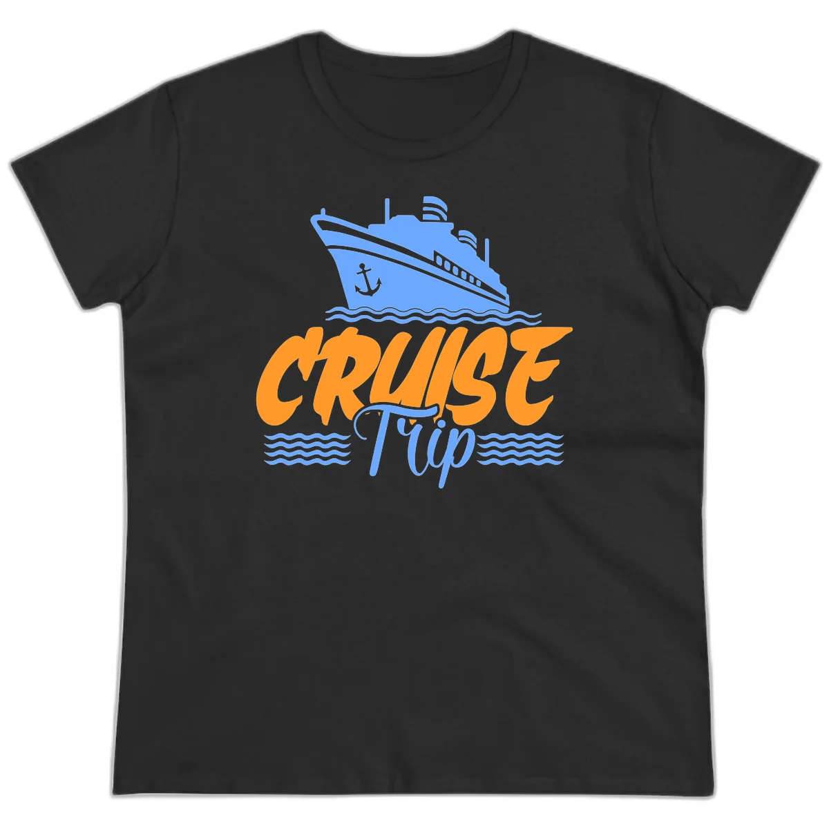 Cruise Trip Ship Anchor Waves Ladies Tee in Black