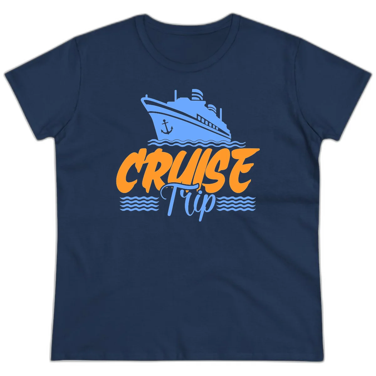 Cruise Trip Ship Anchor Waves Ladies Tee in Navy