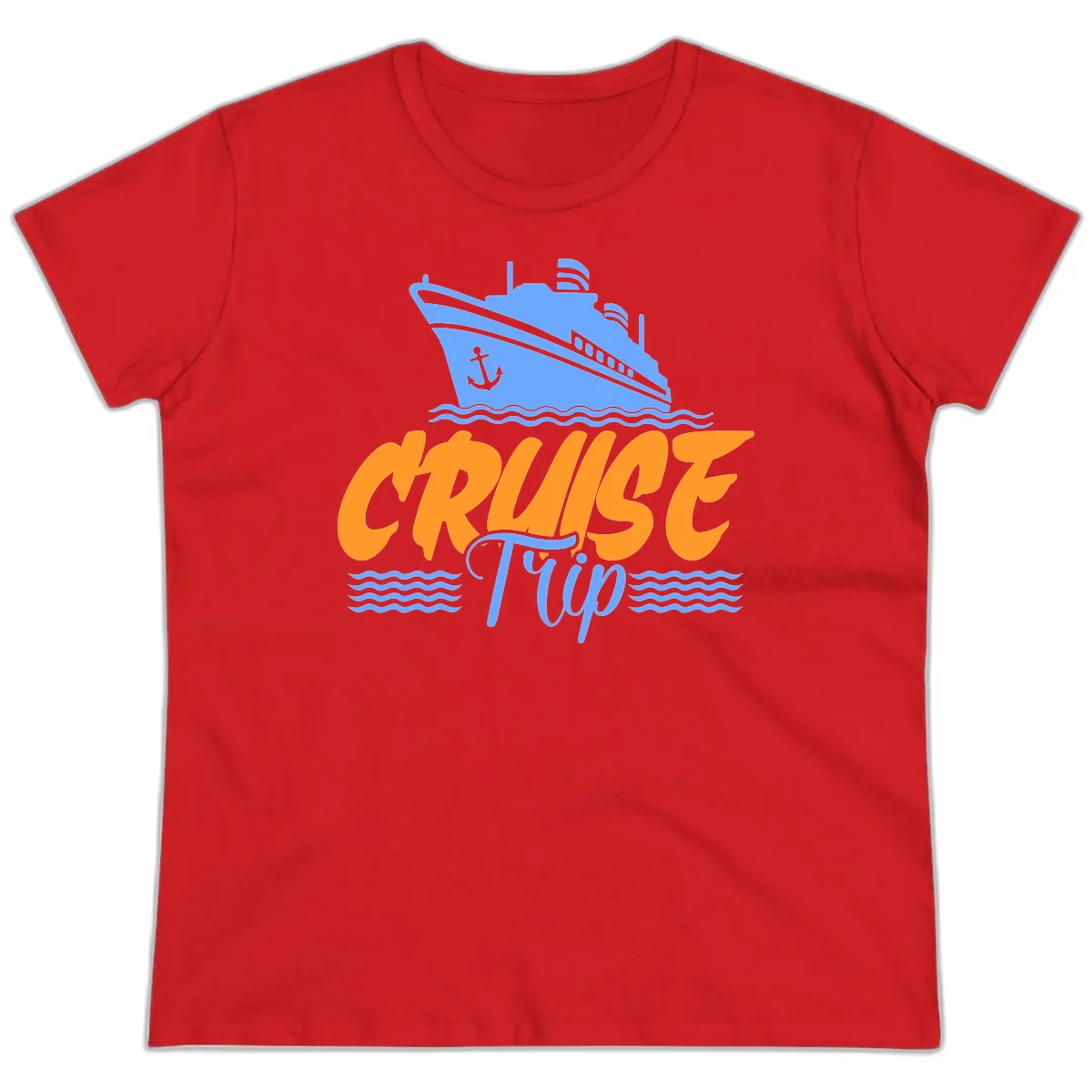 Cruise Trip Ship Anchor Waves Ladies Tee in Red
