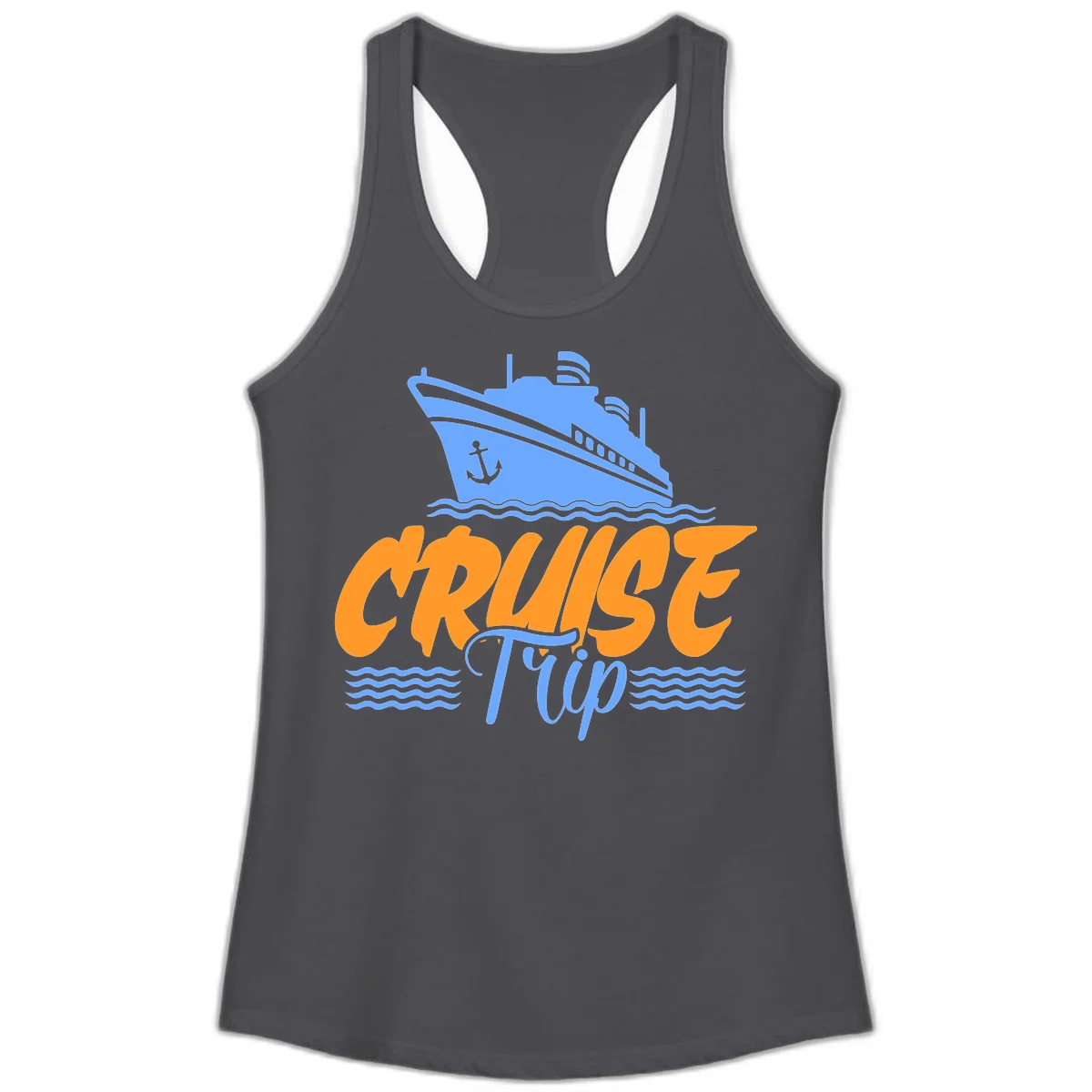 Cruise Trip Ship Anchor Waves Ladies Tank in Solid Dark Gray