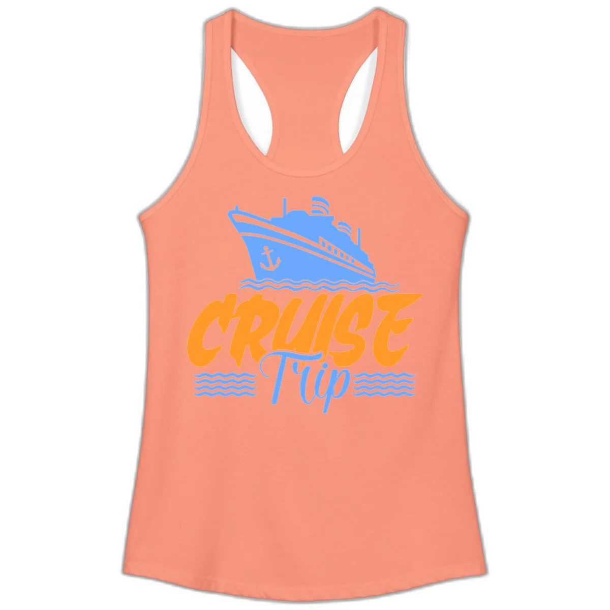 Cruise Trip Ship Anchor Waves Ladies Tank in Solid Light Orange