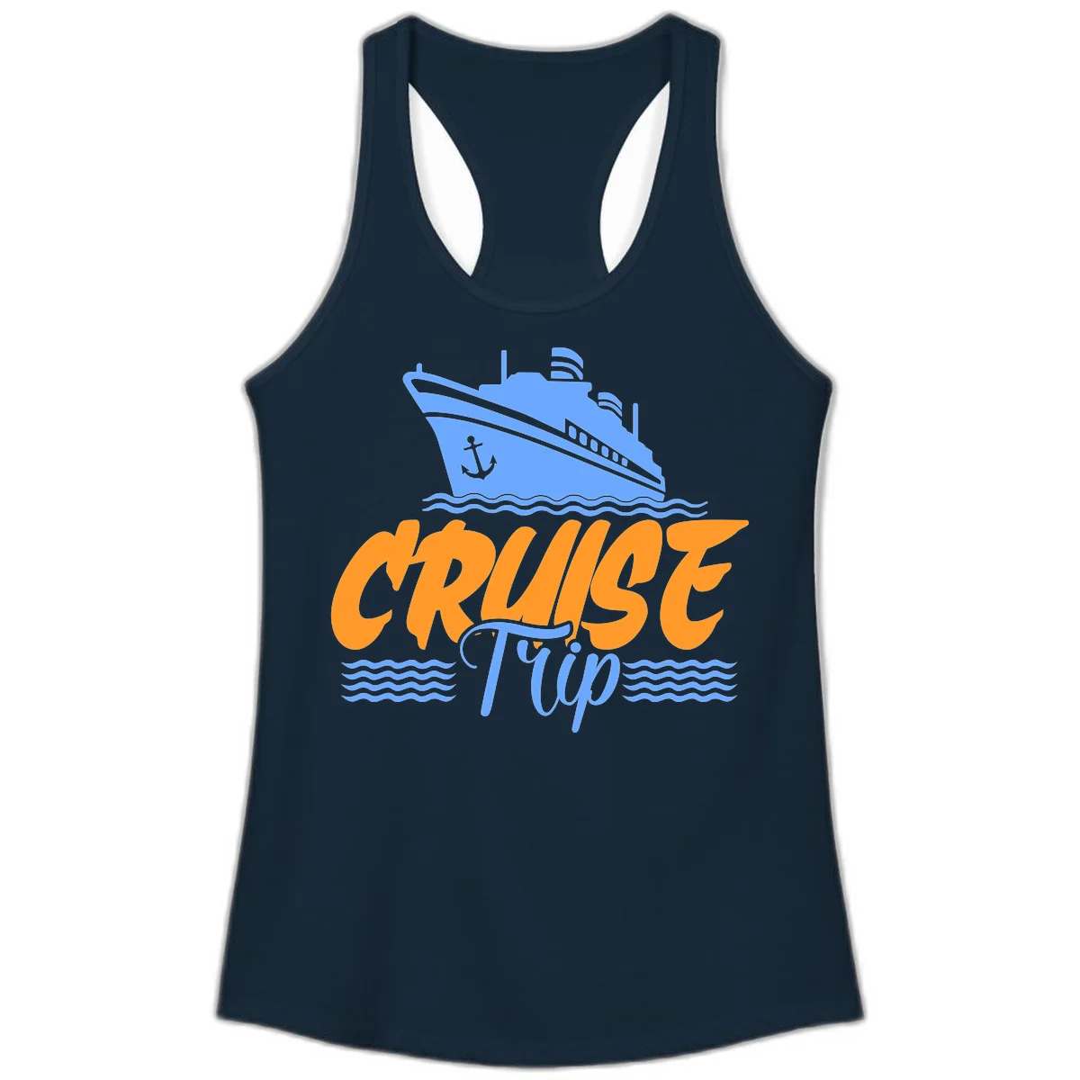 Cruise Trip Ship Anchor Waves Ladies Tank in Solid Midnight Navy