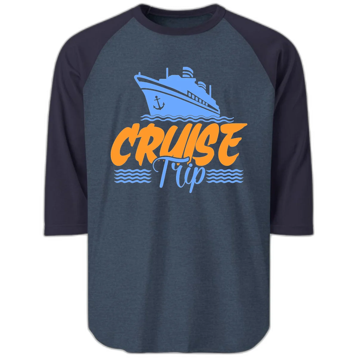 Cruise Trip Ship Anchor Waves Raglan 3/4 in Heather Denim Navy