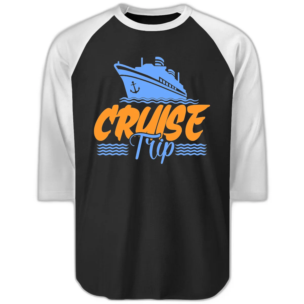 Cruise Trip Ship Anchor Waves Raglan 3/4 in Black White