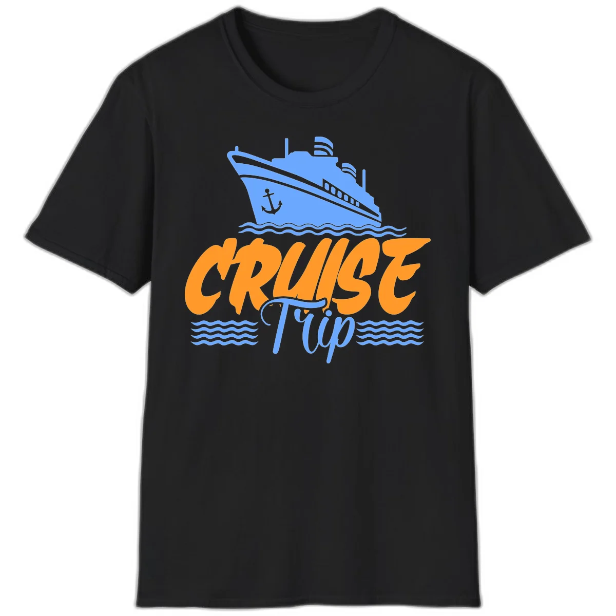 Cruise Trip Ship Anchor Waves T-Shirt in Black