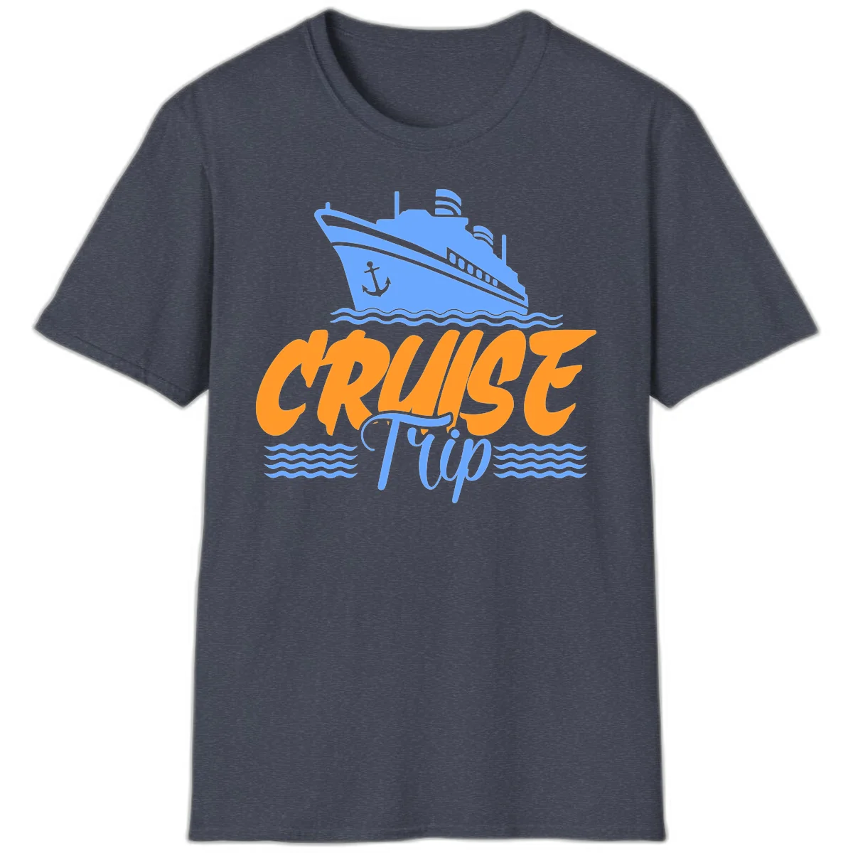 Cruise Trip Ship Anchor Waves T-Shirt in Heather Navy
