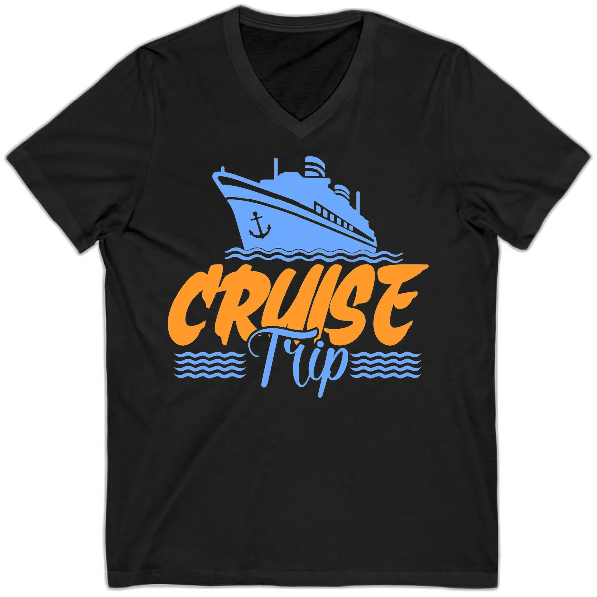 Cruise Trip Ship Anchor Waves V-Neck in Black
