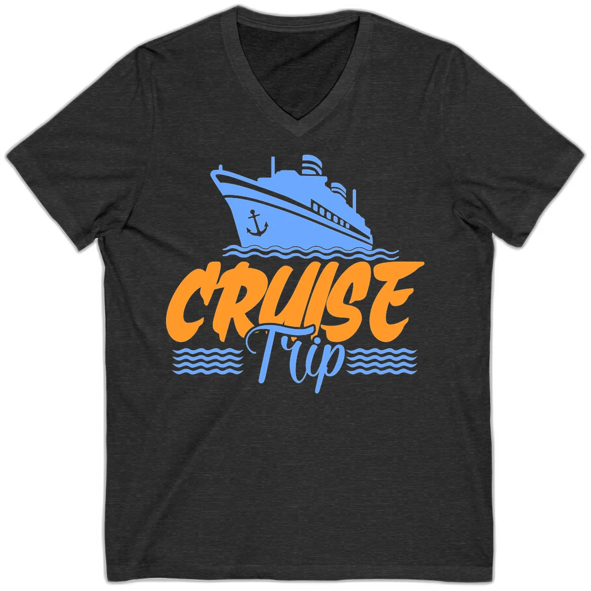 Cruise Trip Ship Anchor Waves V-Neck in Dark Grey Heather