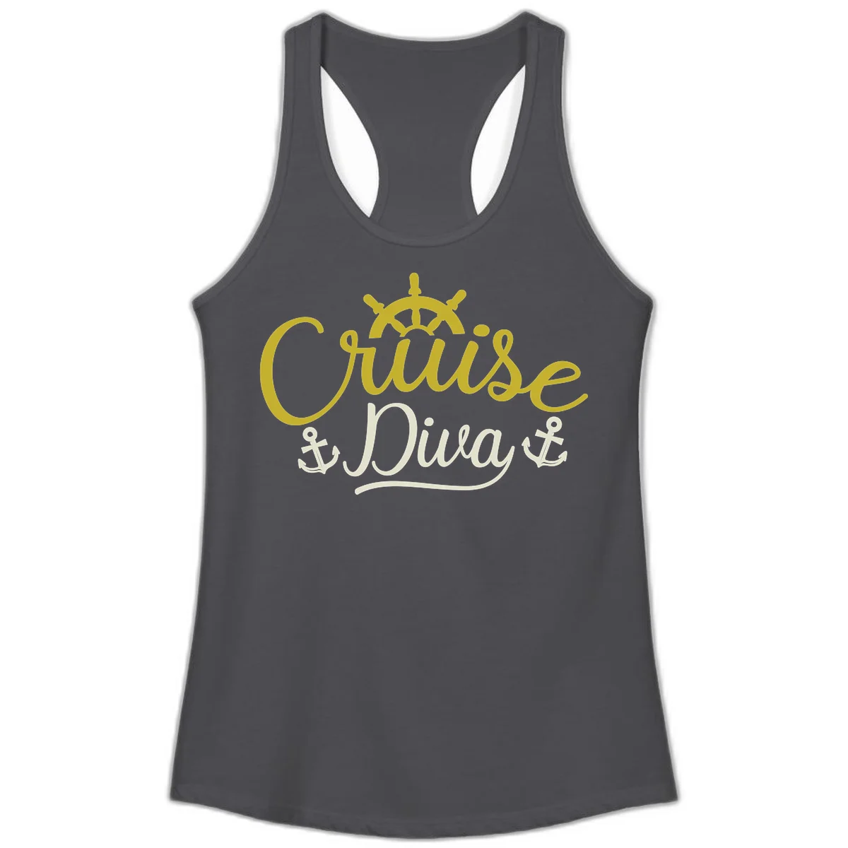 Cruise Diva Nautical Helm Ladies Racerback Tank in Solid Dark Gray
