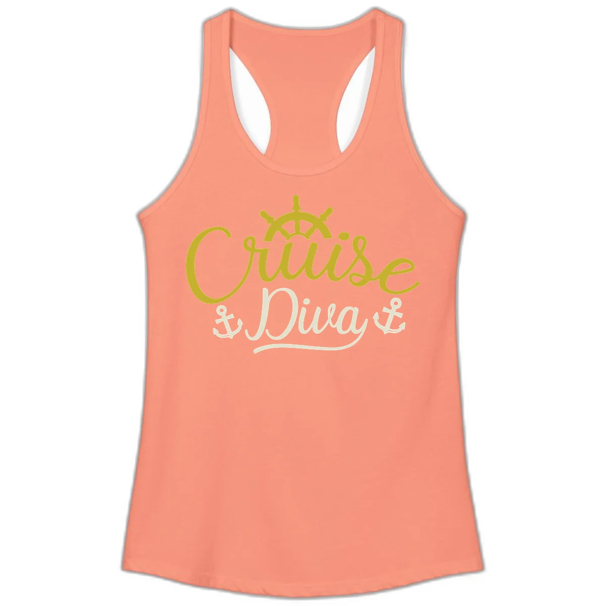 Cruise Diva Nautical Helm Ladies Racerback Tank in Solid Light Orange
