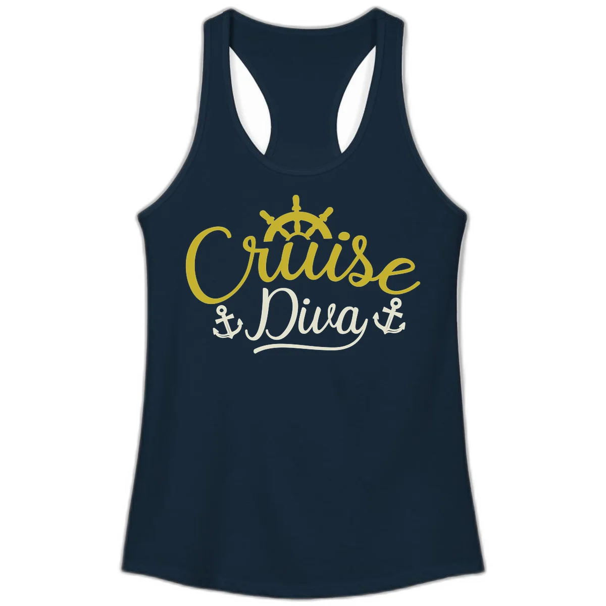 Cruise Diva Nautical Helm Ladies Racerback Tank in Solid Midnight Navy