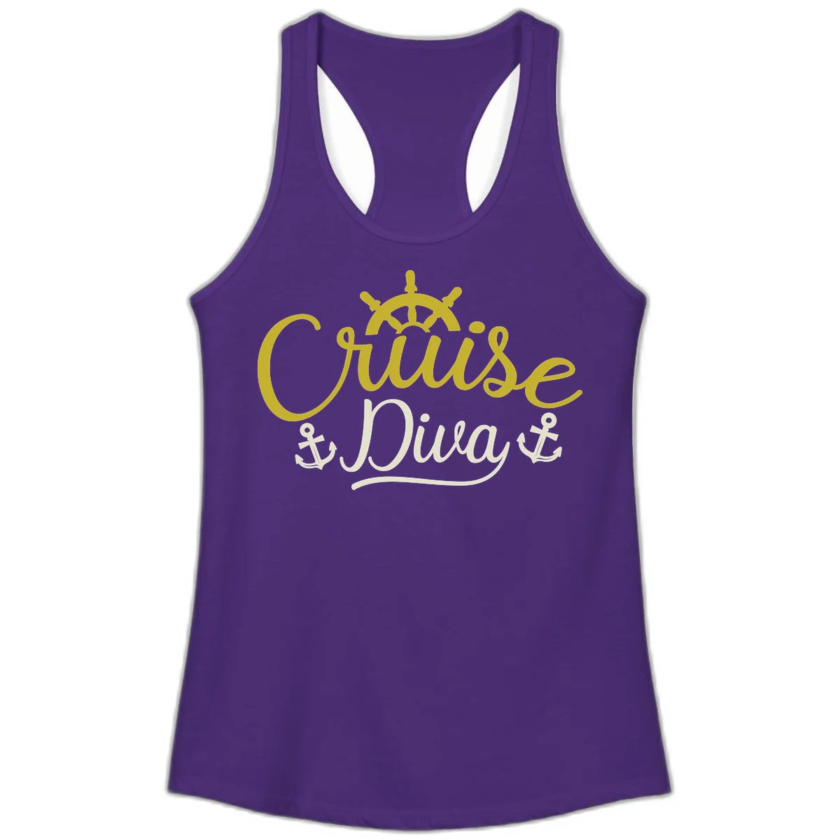 Cruise Diva Nautical Helm Ladies Racerback Tank in Solid Purple Rush