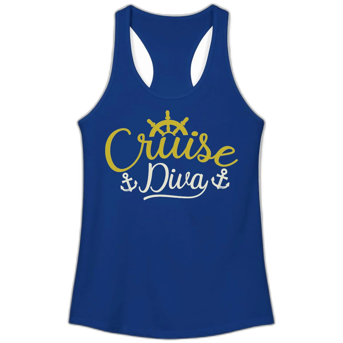 Cruise Diva Nautical Helm Ladies Racerback Tank in Solid Royal