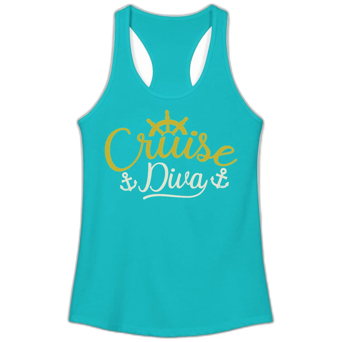 Cruise Diva Nautical Helm Ladies Racerback Tank in Tahiti Blue