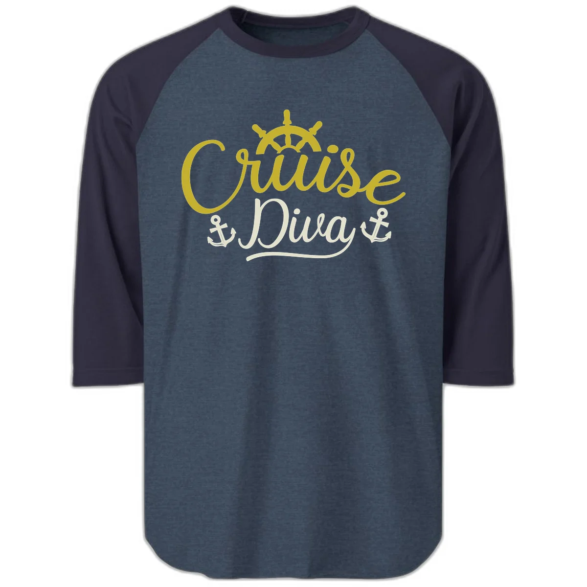 Cruise Diva Nautical Helm 3/4 Sleeve Raglan in Heather Denim Navy