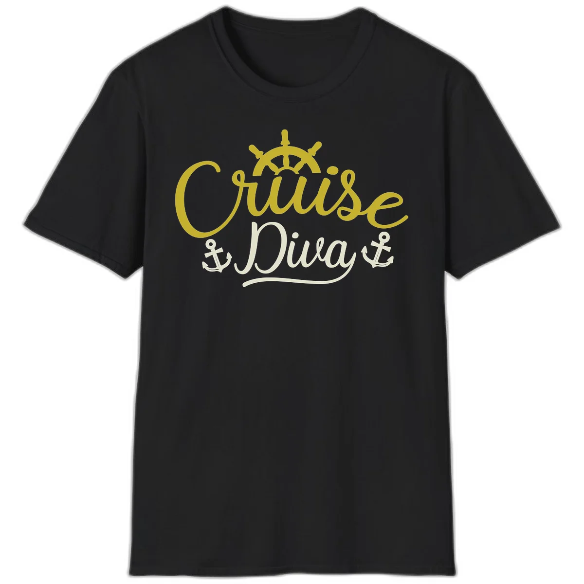 Cruise Diva Nautical Helm Ship Wheel Anchor T-Shirt in Black