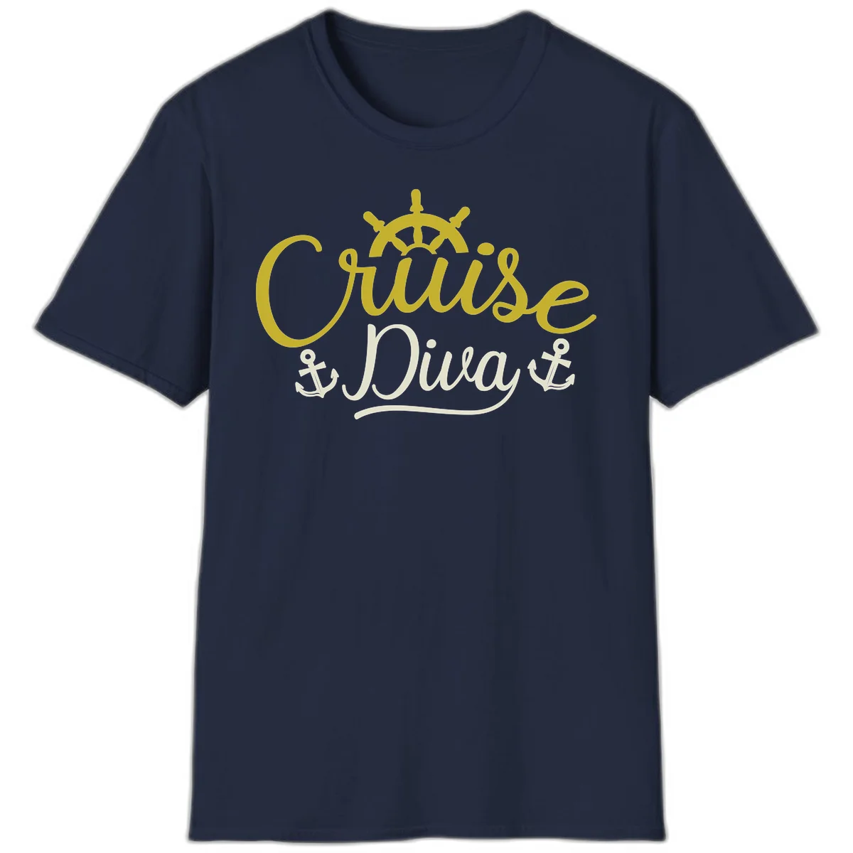 Cruise Diva Nautical Helm Ship Wheel Anchor T-Shirt in Navy