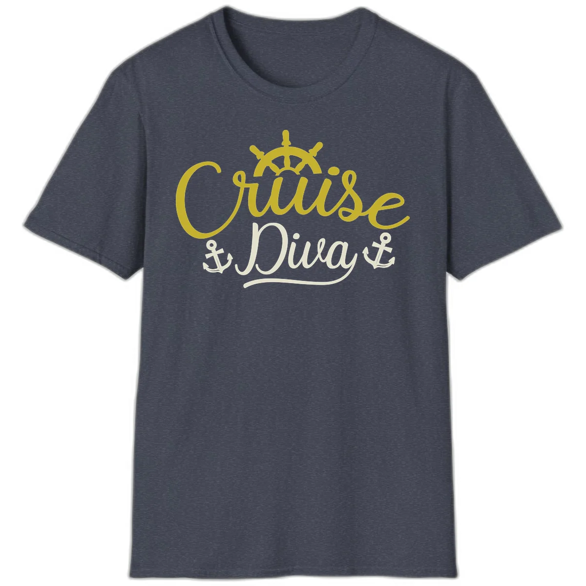 Cruise Diva Nautical Helm Ship Wheel Anchor T-Shirt in Heather Navy