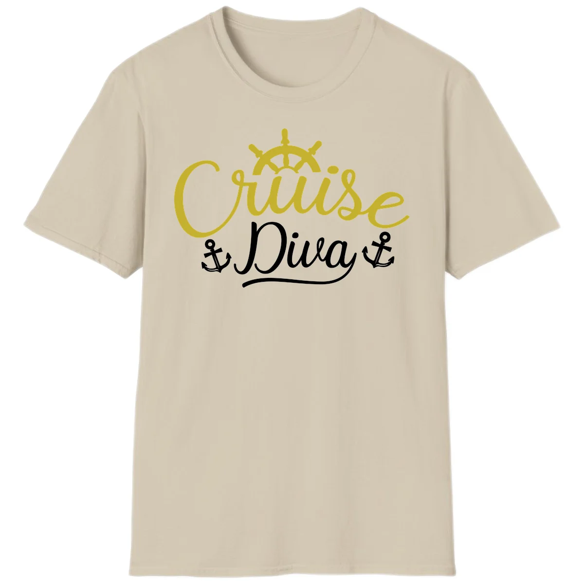 Cruise Diva Nautical Helm Ship Wheel Anchor T-Shirt in Sand