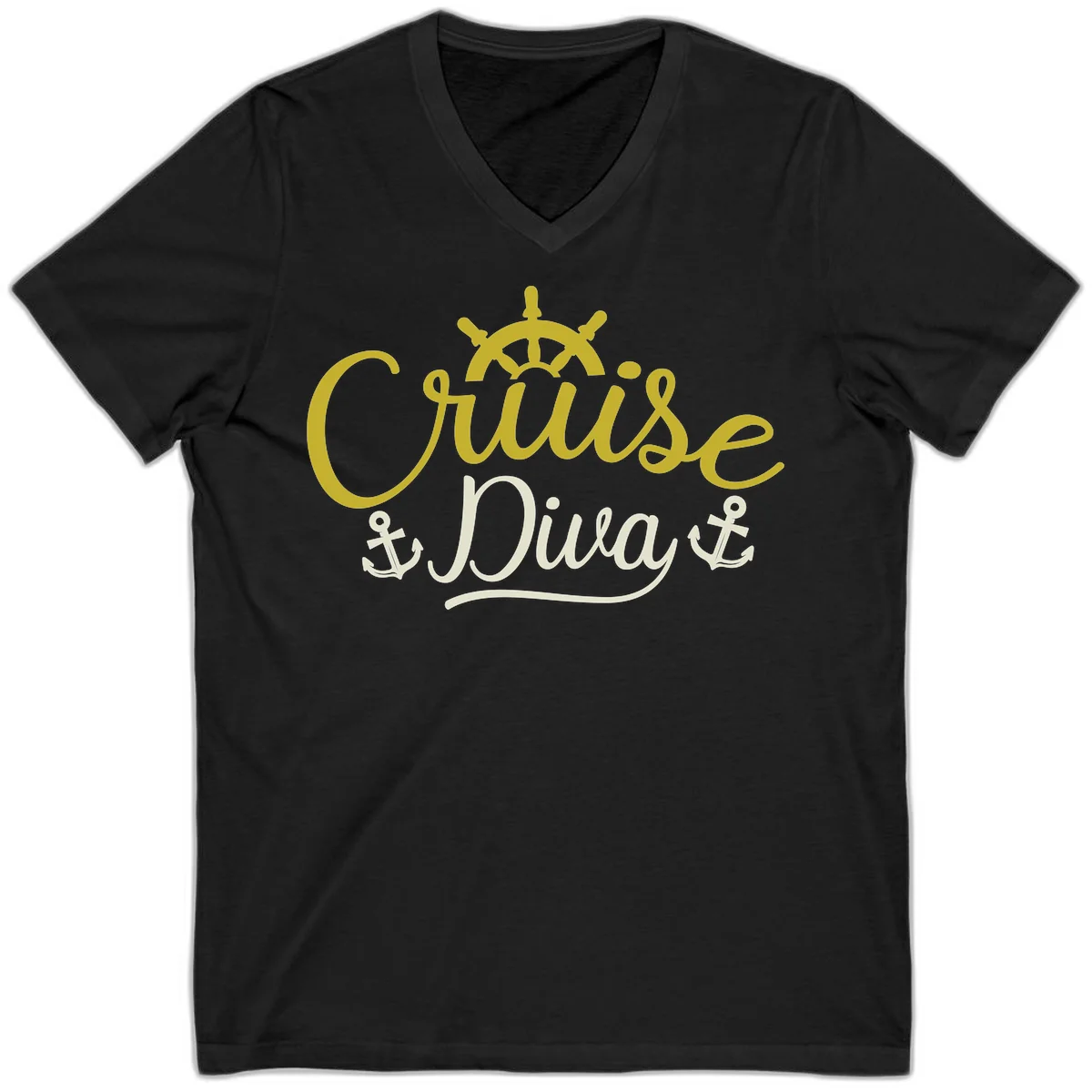 Cruise Diva Nautical Helm V-Neck T-Shirt in Black