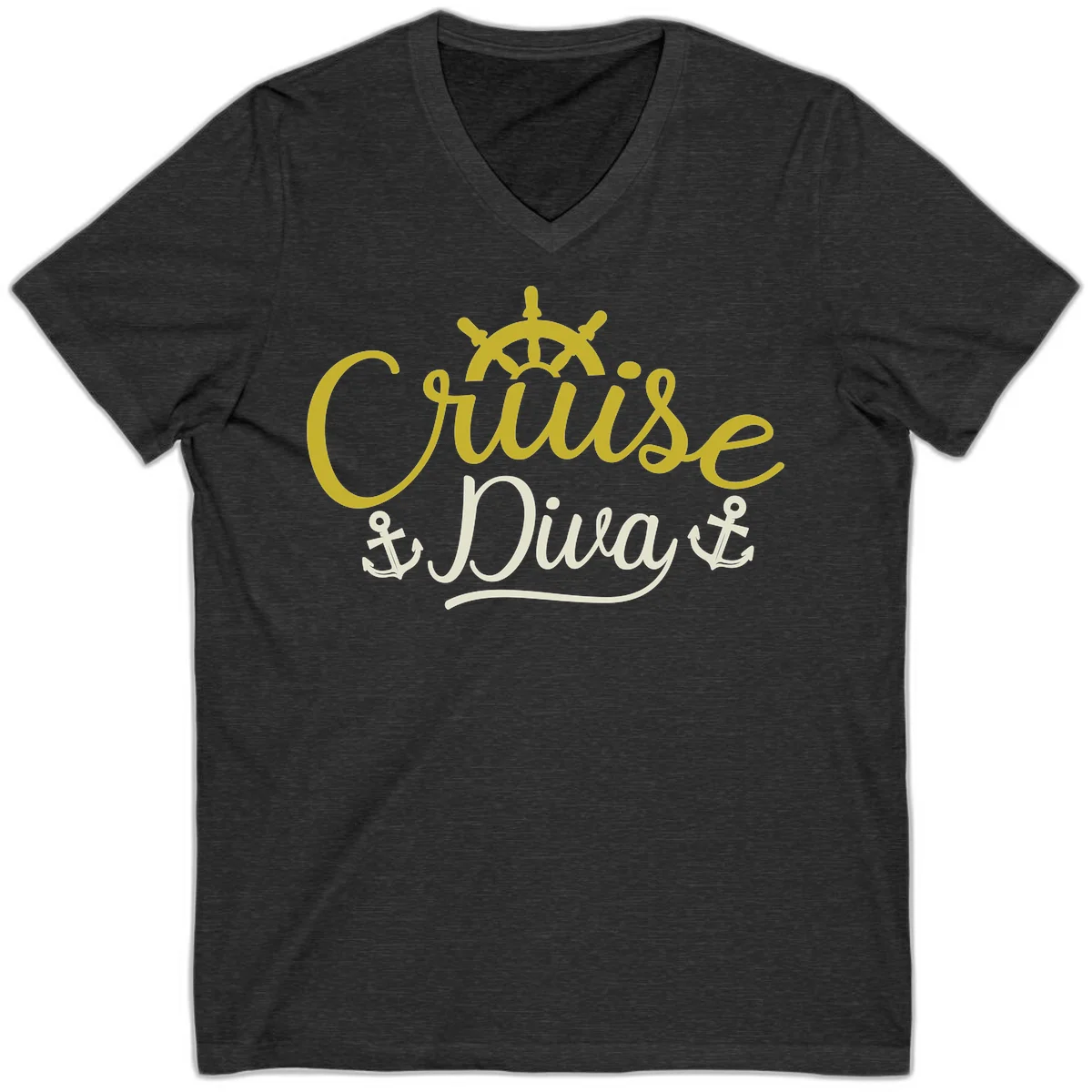 Cruise Diva Nautical Helm V-Neck T-Shirt in Dark Grey Heather