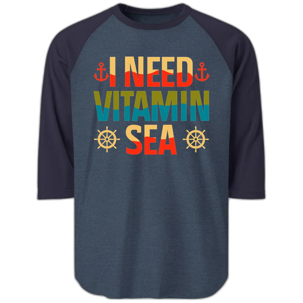 I Need Vitamin Sea Raglan 3/4 Sleeve in Heather Denim Navy